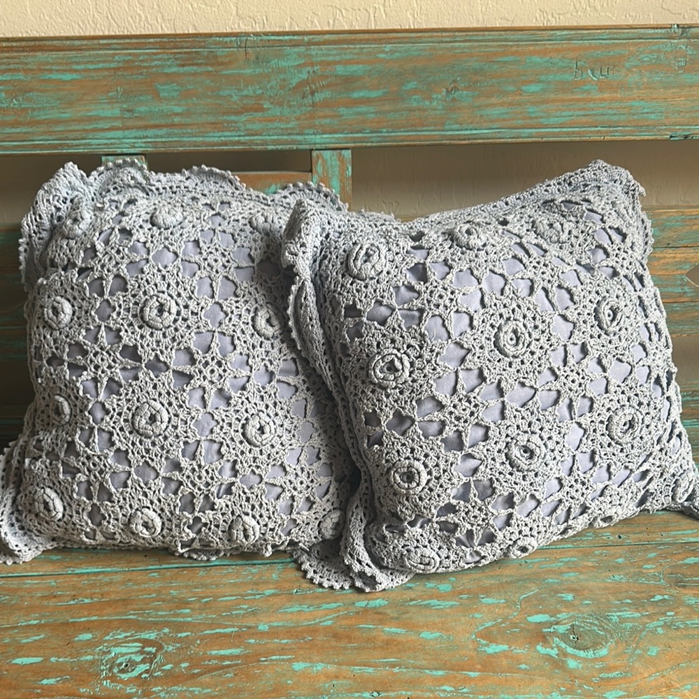 Keeco Crochet Lace Accent Pillows Dusty Blue 18” Squares 100% Cotton